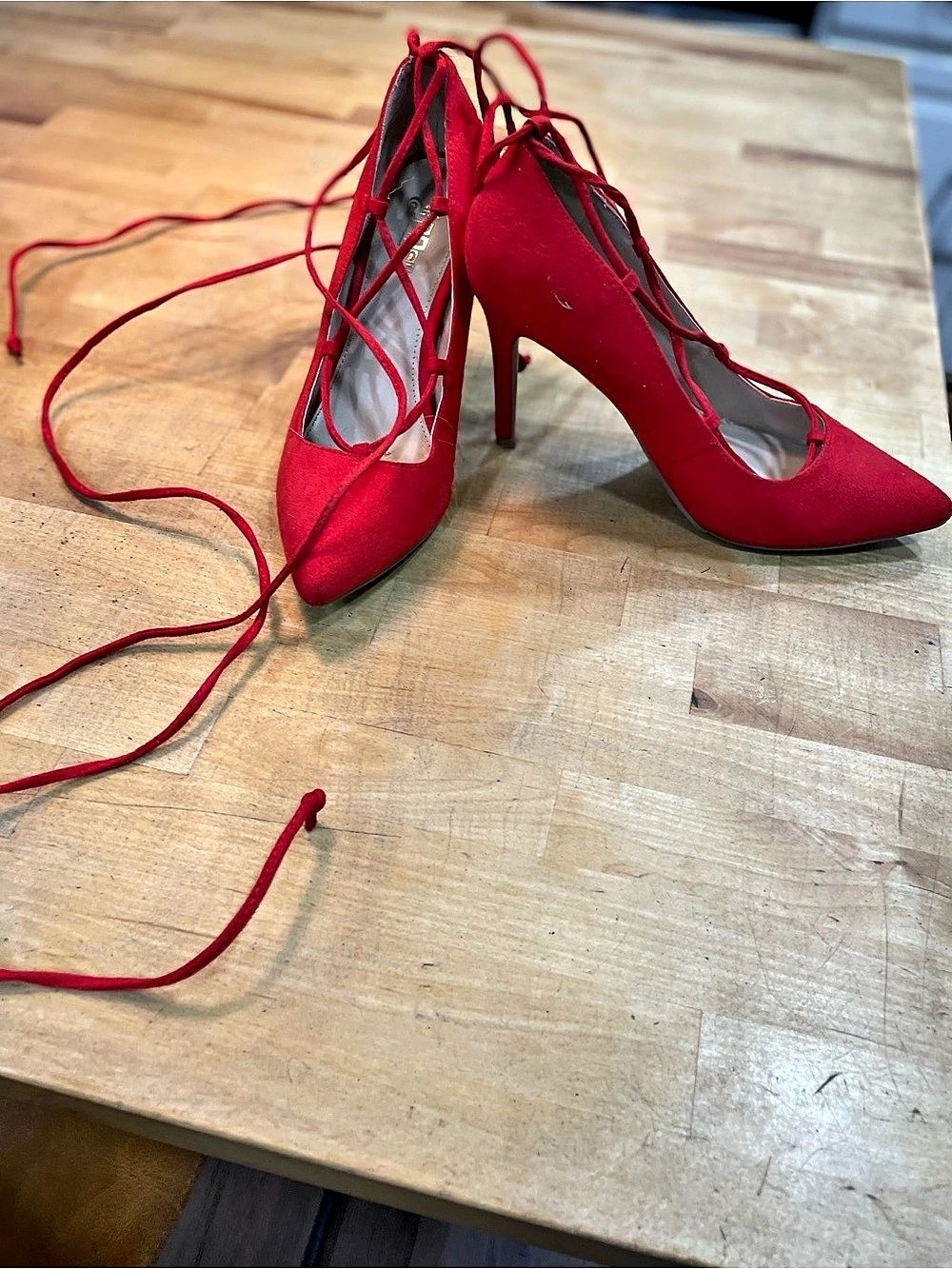 Red Lace-Up Pointed-Toe Heels
